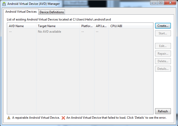 Android virtual device manager Clique no