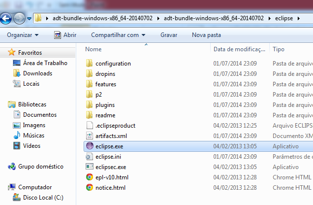 Abrindo o SDK Após a descompactação abra o diretório e procure pela pasta eclipse acesse essa pasta e abra o arquivo