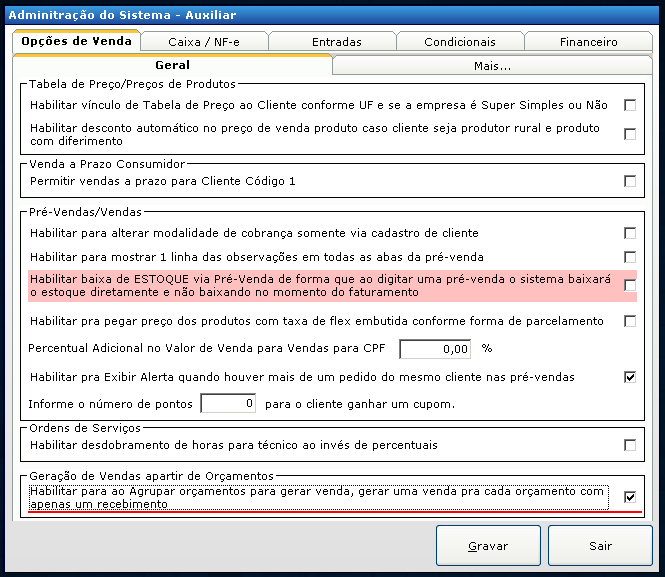 MELHORIA: GERAÇÃO DE VENDAS A PARTIR DE ORÇAMENTO COM ÚNICO RECEBIMENTO - Versão 1.4.0.