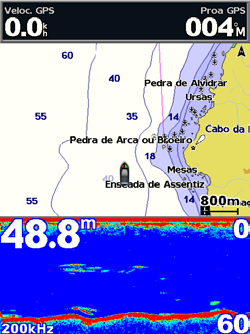 Utilizar cartas Utilizar o ecrã de Carta/Sonda Nota: o ecrã de Carta/Sonda, à semelhança do ecrã de Sonda, está disponível apenas se utilizar uma unidade compatível com sonda e ligada a um transdutor.