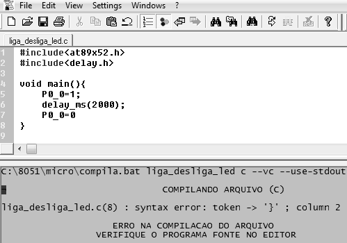 A linha de programa com erros de sintaxe e/ou edição será indicada na caixa inferior do JFE Editor. O programa a seguir contém um erro de sintaxe (syntax error).