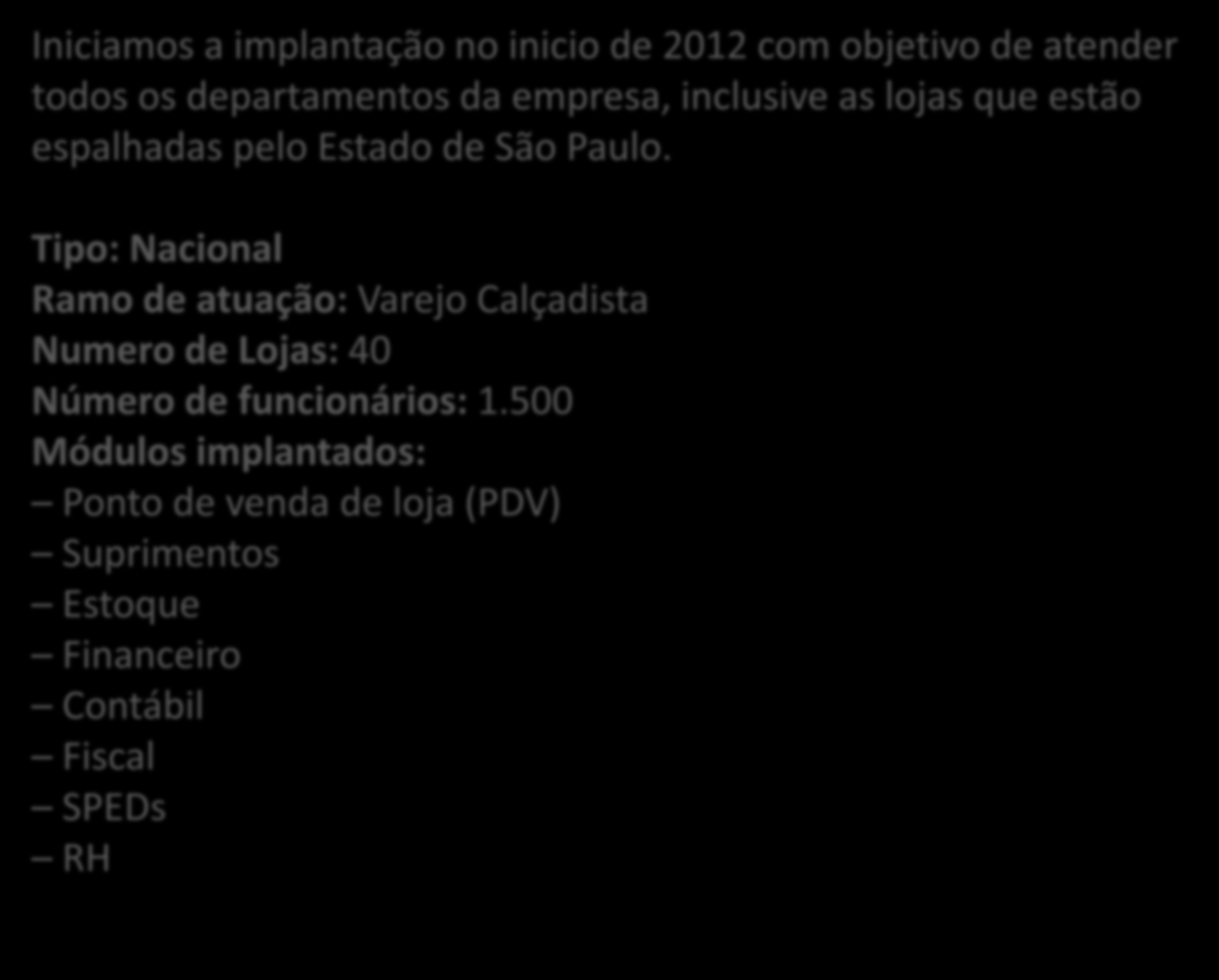 Iniciamos a implantação no inicio de 2012 com objetivo de atender todos os departamentos da empresa, inclusive as lojas que estão espalhadas pelo Estado de São Paulo.