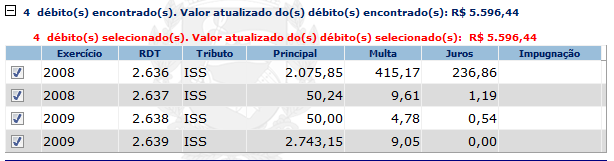 Nota Fiscal de Serviços Eletrônica NFS-e Versão do Manual: 5.7 pág. 134 Clique para simular o parcelamento Clique para confirmar a seleção dos débitos da NFS-e.