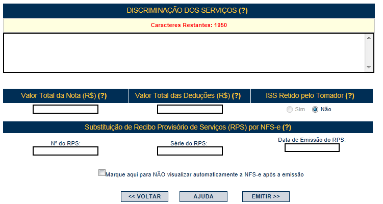 Nota Fiscal de Serviços Eletrônica NFS-e Versão do Manual: 5.7 pág. 59 Caso deseje corrigir as informações, efetue a correção das informações ou clique em <<Voltar.