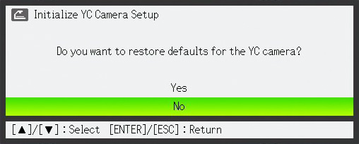 Para restaurar todas as definições do menu de configuração do aplicativo YC Camera aos seus ajustes iniciais de fábrica 1. Pressione a tecla [MENU] para exibir o menu de configuração. 2.