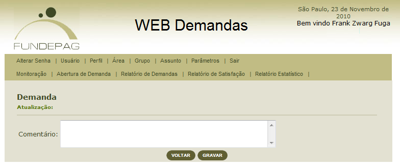 Para o envio da demanda a outro usuário, é necessário selecionar a área do atendimento, um novo responsável e fazer um comentário, explicando o motivo do encaminhamento.