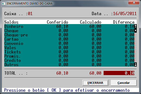 programa e o saldo que você informou. Observe também que na parte inferior da janela, no campo TOTAL, serão mostrados os totais dos saldos conferidos e calculados e também a diferença entre os dois.