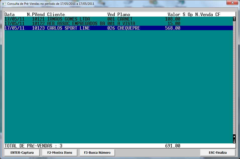[ENTER-Captura] Captura a pré-venda selecionada para a janela anterior de acesso à pré-venda. [F2-Mostra Itens] Exibe os produtos e serviços que foram lançados na pré-venda selecionada.