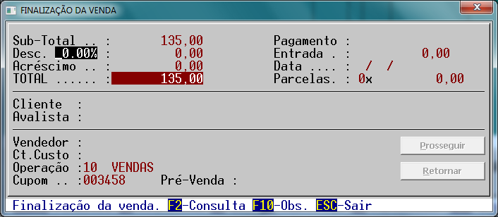 Finalizando uma venda Estando a venda em andamento, pressione a tecla <Enter> se estiver no modo de inclusão de itens (cursor posicionado abaixo do último item lançado) ou pressione a tecla <End>