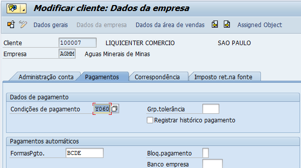SD.002.020 - Criar Clientes Dados de empresa Condição de pagamento: Selecionar a condição de pagamento padrão para o cliente.