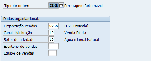 SD.003.040 - Enviar embalagem retornável (ZEMB) Transação: VA01 Caminho: Menu SAP > Logística > Vendas e distribuição > Venda > Ordem > VA01 - Criar Função: Cadastrar ordens de vendas para o cliente.