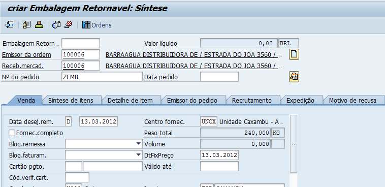 SD.003.040 - Enviar embalagem retornável (ZEMB) Emissor da ordem: Selecionar o cliente para a ordem de vendas.