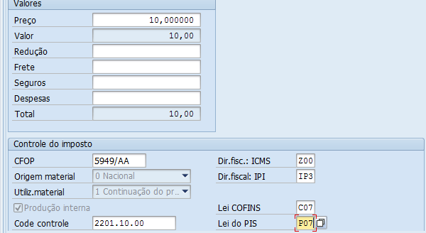 SD.003.100 - Outras Saídas (NF-e Writer - J1B1N) CFOP: Selecionar o código fiscal da operação. Origem do Material: Selecionar a origem do material inserido na NF.