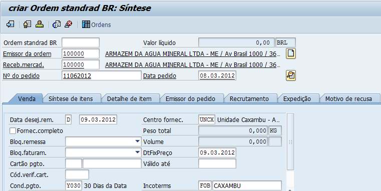 SD.003.020 / SD.003.030 Venda de Produção (ZORB) Emissor da ordem: Selecionar o cliente para a ordem de venda.