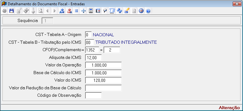 Nesta tela devem ser detalhados os documentos fiscais dos modelos especificados, totalizados pelo agrupamento das combinações dos valores de CST, CFOP e Alíquota dos itens de cada documento.