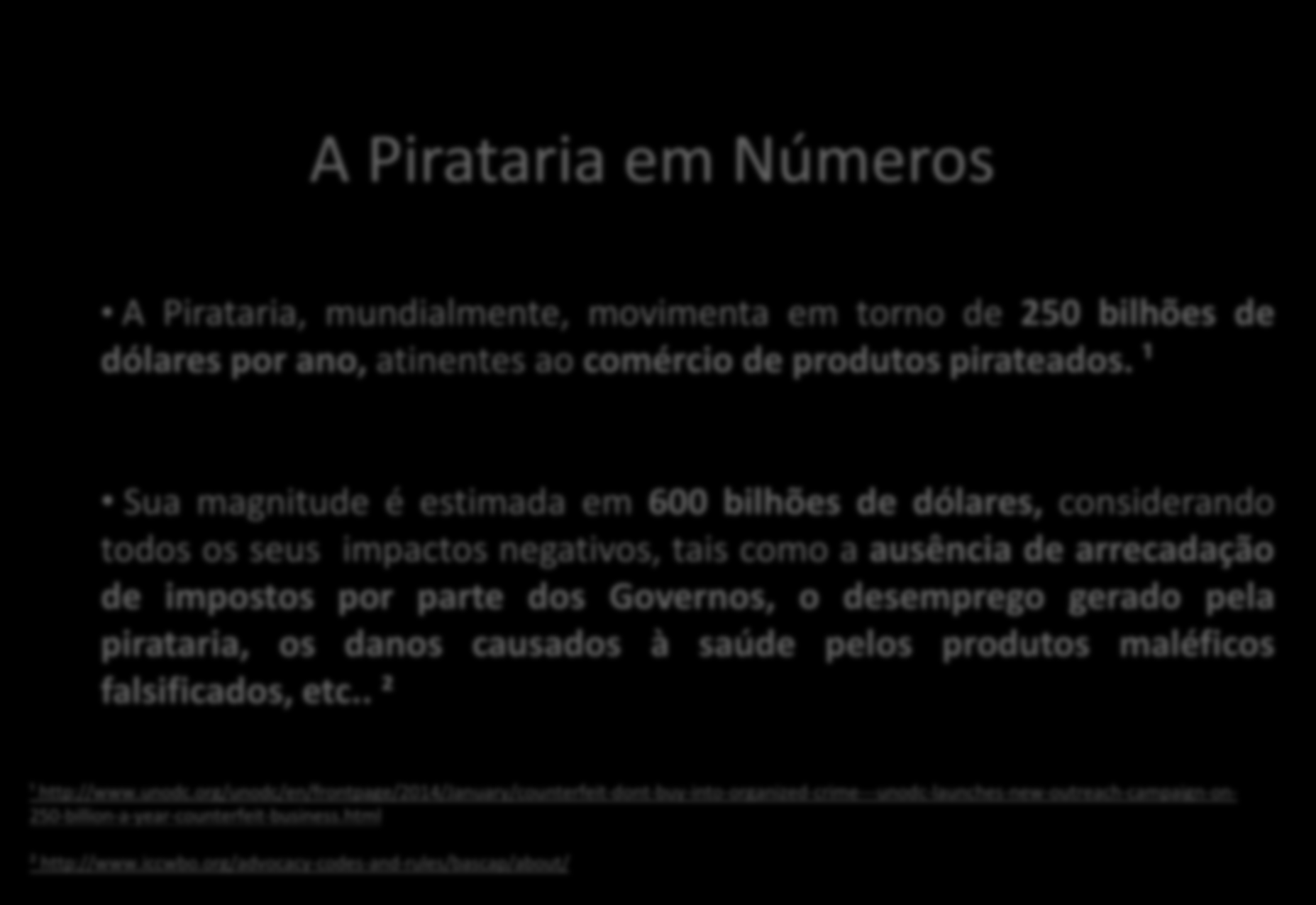 A Pirataria em Números A Pirataria, mundialmente, movimenta em torno de 250 bilhões de dólares por ano, atinentes ao comércio de produtos pirateados.