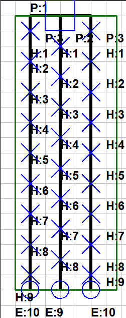 Figura 43 - Layout da zona A0-Z2.1 (2D) Este sistema possui duas tubagens com 10 orifícios cada (da esquerda e da direita) e uma tubagem com 9 orifícios.