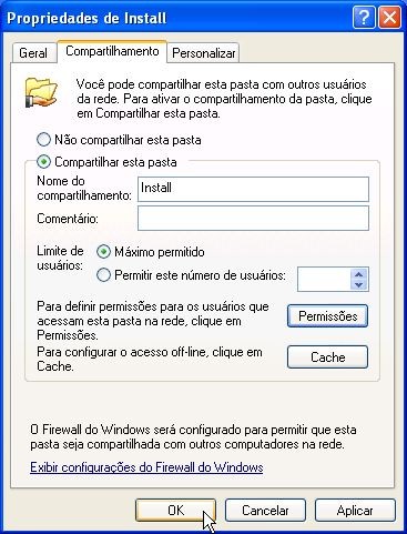 6 Para terminar o processo de compartilhamento da pasta/arquivo, deve-se clicar no botão OK, na tela de propriedades de compartilhamento. 1.