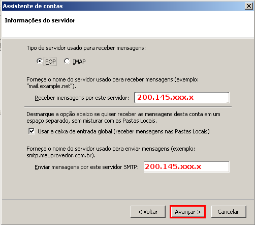 Coloque o endereço IP do seu servidor de Email de acordo com as informações abaixo, Clique em Avançar. Onde xxx.x poderá ser: xxx.x Domínio 241.1 feis.unesp.br 242.1 adm.feis.unesp.br 243.