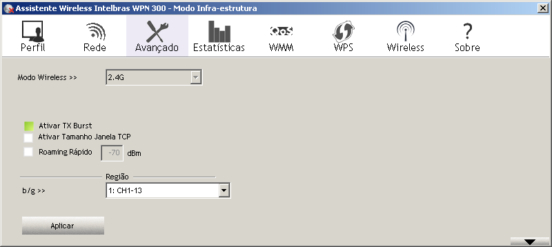 Avançado Esta guia permite acesso a opções avançadas da placa. Modo Wireless: exibe o modo Wireless que pode ser 802.11b/g para frequência de 2.4GHz.