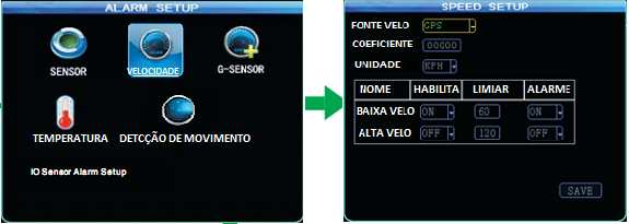 As configurações de alarme incluem configurações de sensores, velocidade, aceleração, temperatura e detecção de movimento, etc. 4.5.