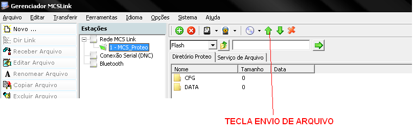 Após selecionar o arquivo que desejamos enviar ao comando, devemos pressionar a seguinte tecla para enviar o arquivo: Após a transferência devemos selecionar o diretório DATA