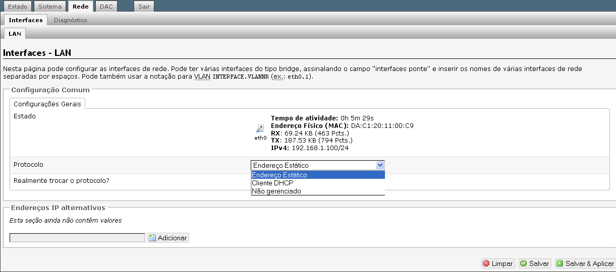 Clicando na aba Rede, o usuário visualiza os dispositivos de rede disponíveis, e pode fazer a alteração das suas configurações clicando no botão Editar, disponível do lado direito da sua respectiva