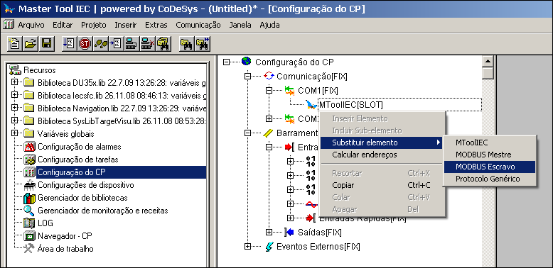 4.4 Configurando o canal de comunicação COM1 RS232 4.4.1 Configurando os parâmetros de comunicação. - Para configurar o canal de comunicação COM1 vá à aba Recursos -> Configuração do CP.