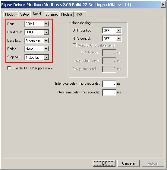 - Na aba Serial configurar os parâmetros de comunicação conforme os