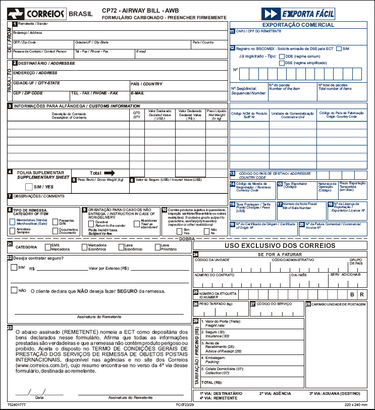 Formulário AWB Assinalar sim para DSE quando for venda e preencher campos em azul, inclusive NCM.