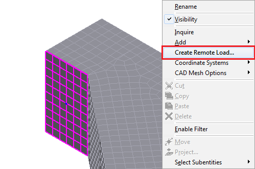 - Selecionar Generate Load Elements para que a Part 50 seja gerada. Selecionar Add Load e Nodal Boundary Condition.