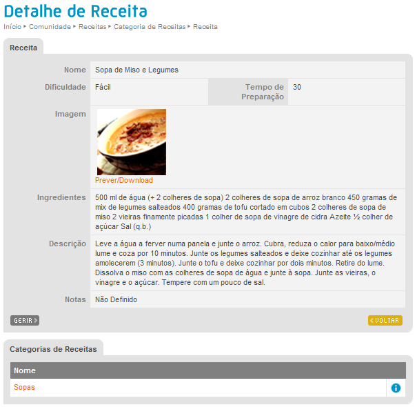 6.3.1 Detalhe de Categorias de Receitas Nesta página é possível consultar o detalhe da Categoria de Receitas escolhida assim como a listagem das receitas que pertencem à mesma.