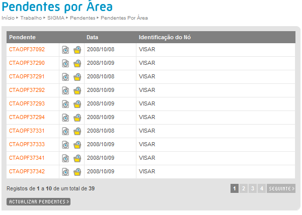 O botão Actualizar Pendentes permite pedir ao servidor uma actualização da lista de pendentes. Esta actualização pode demorar alguns minutos.