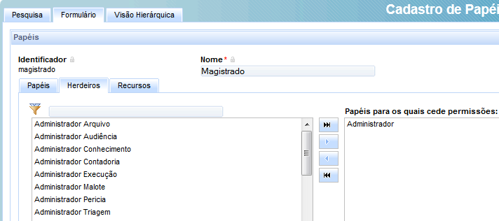 Detalhes dos Itens Papéis dos quais recebe permissões: Papéis hierarquicamente inferiores ao Papel atualmente selecionado.