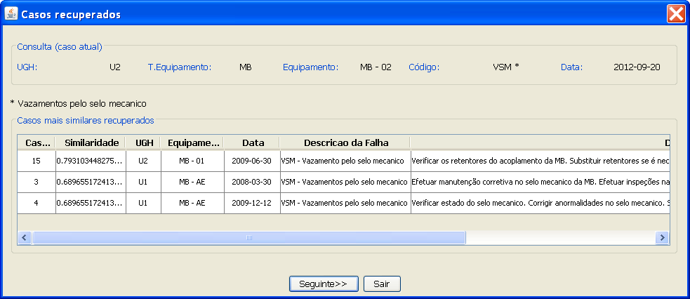 Figura 4. 23 Tela número dois do protótipo RBC: tela de casos recuperados Um exemplo do cálculo da medida de similaridade local entre dois casos se mostra na Tabela 4. 24.