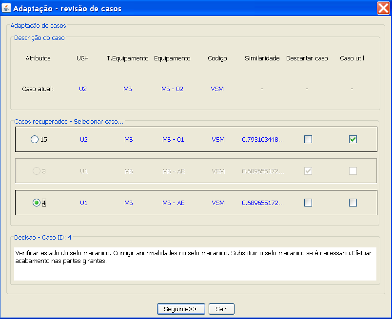Na Figura 4.24, mostra-se a janela onde se levam a cabo as etapas de adaptação e revisão de casos. Figura 4. 24 - Tela número três do protótipo RBC: janela de adaptação e revisão de casos Nesta tela se mostram os atributos de cada um dos casos (o caso atual e os casos recuperados).