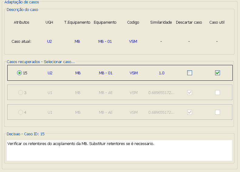 Figura 5. 5 - Tela de reuso-revisão de casos para o teste 1 5.2.2.3 - Teste 2 Neste teste se tem 3 casos recuperados, mostrados na tela da Figura 5.6. O caso com melhor valor de similaridade (0.