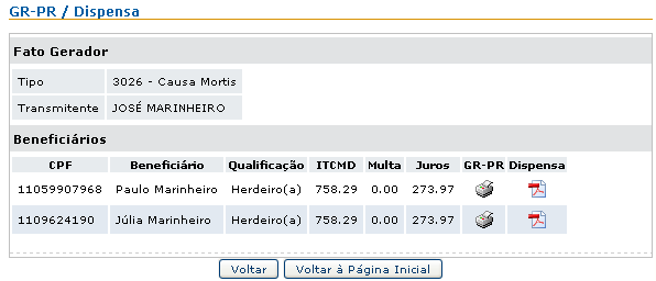 Não havendo mais beneficiários a incluir, acione o comando Voltar à Página Inicial e escolha a opção Consulta.