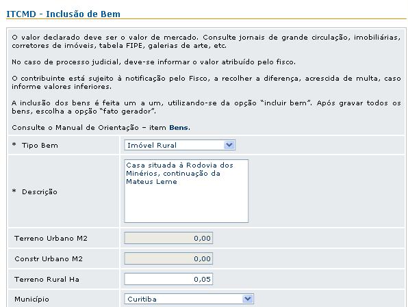 Acionando o comando gravar, a declaração inicial é salva e uma nova tela é