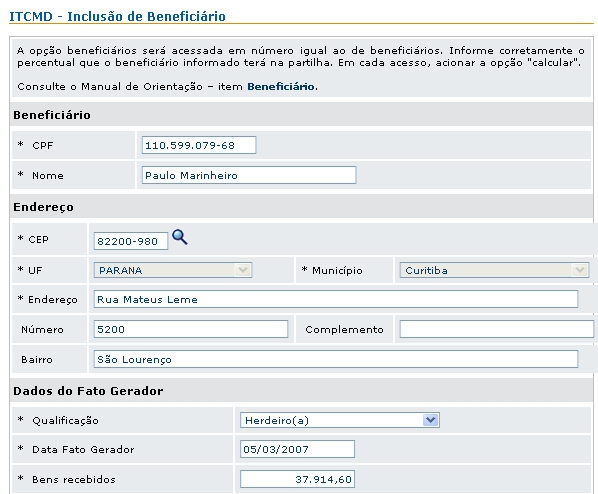 Você deve acessar Incluir Fato Gerador, tantas vezes quantos forem os fatos geradores do processo. Nesse exemplo, há apenas um fato gerador.