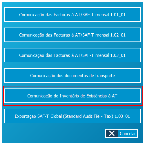 6. Comunicação do Inventário à Autoridade Tributária (AT) As versões 2015 têm uma nova opção a partir da função SAFT (anexado às funções relacionadas com a AT já implementadas na aplicação) que