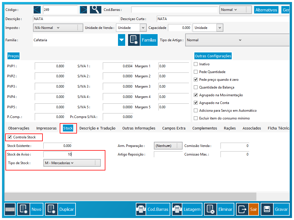 2. Configuração de Artigos sujeitos a controlo de Stock As operações de stock são apenas aplicadas em artigos que estão configurados com a opção de Controlo Stock ativo a partir da Ficha de Artigo.