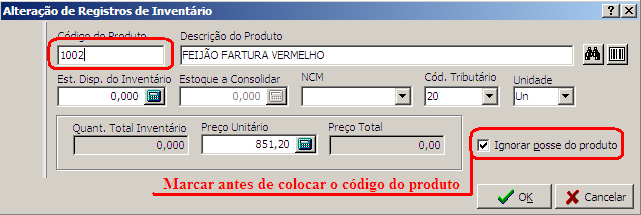 5.2. Agora basta ir a cadastro > novo > vazio, e inserir o produto novamente, marcando a opção de ignorar posse antes de colocar o código do produto, agora coloque o código do produto e clique em OK.