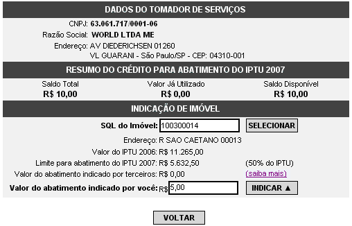 Nota Fiscal de Serviços Eletrônica NFS-e Versão do Manual: 5.2 pág. 101 Para indicar o imóvel que receberá o abatimento, informe o Número do Cadastro do Imóvel (SQL) e clique no botão Consultar.