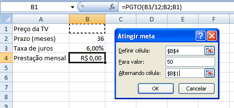 NOÇÕES DE INFORMÁTICA 41 Um rapaz deseja usar o Excel para analisar as condições de financiamento para compra de uma TV LCD em uma grande loja no shopping.