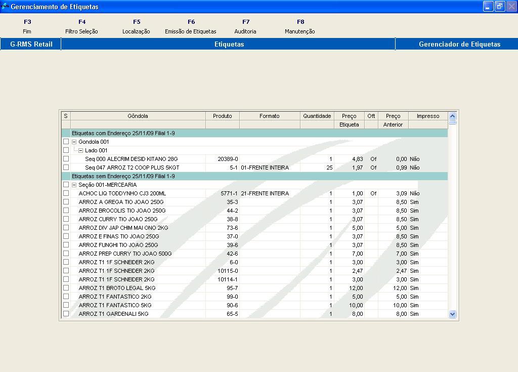 Funcionalidades da Tela de Gerenciamento de Emissão de Etiquetas Figura 5 Nova Tela do Programa VGPGETIQ. Verificar todas as etiquetas a serem impressas da filial.