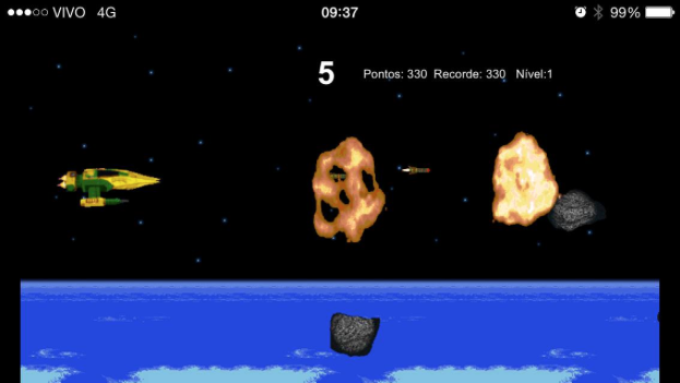 3.3 Segunda Ideia: Minigames 49 Primeiro jogo O primeiro jogo que usamos foi o exemplo Asteroids de que já falamos anteriormente. A Figura 12 mostra como ficou a principal tela do jogo.