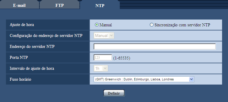 14 Configuração dos ajustes dos servidores [Servidor] Os ajustes relativos ao servidor NTP como, por exemplo, o servidor NTP, número de porta, etc.podem ser configurados nesta página.