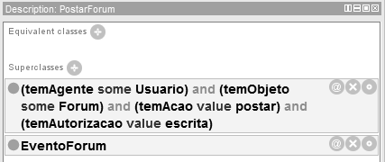 Na classe PostarForum descrevemos que ela tem que ter um ator pertencente à classe Usuário, e que tem que ter um objeto pertencente à classe Forum e que deve estar relacionada a uma ação de postar; e