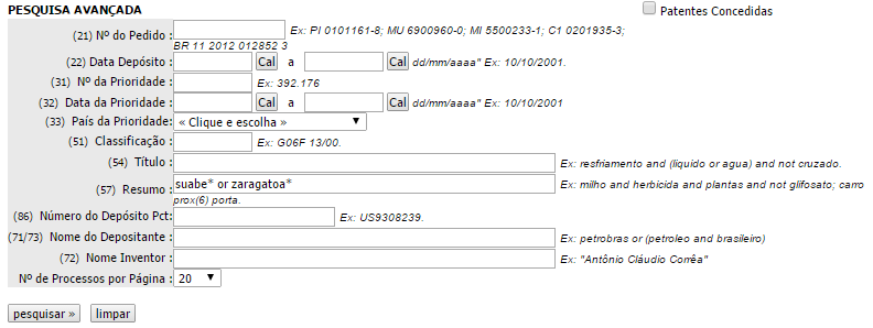 Segue uma busca feita na base do INPI, na Pesquisa Avançada, com os termos técnicos inseridos no resumo.